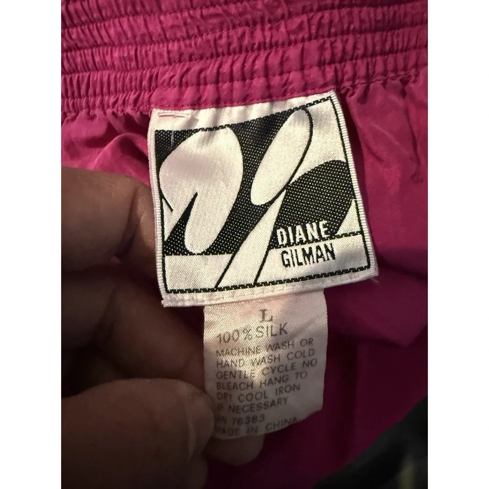 Vtg Diane Gilman Women 100% silk  integrated smocked waistband L‎ Hot Pink Midi